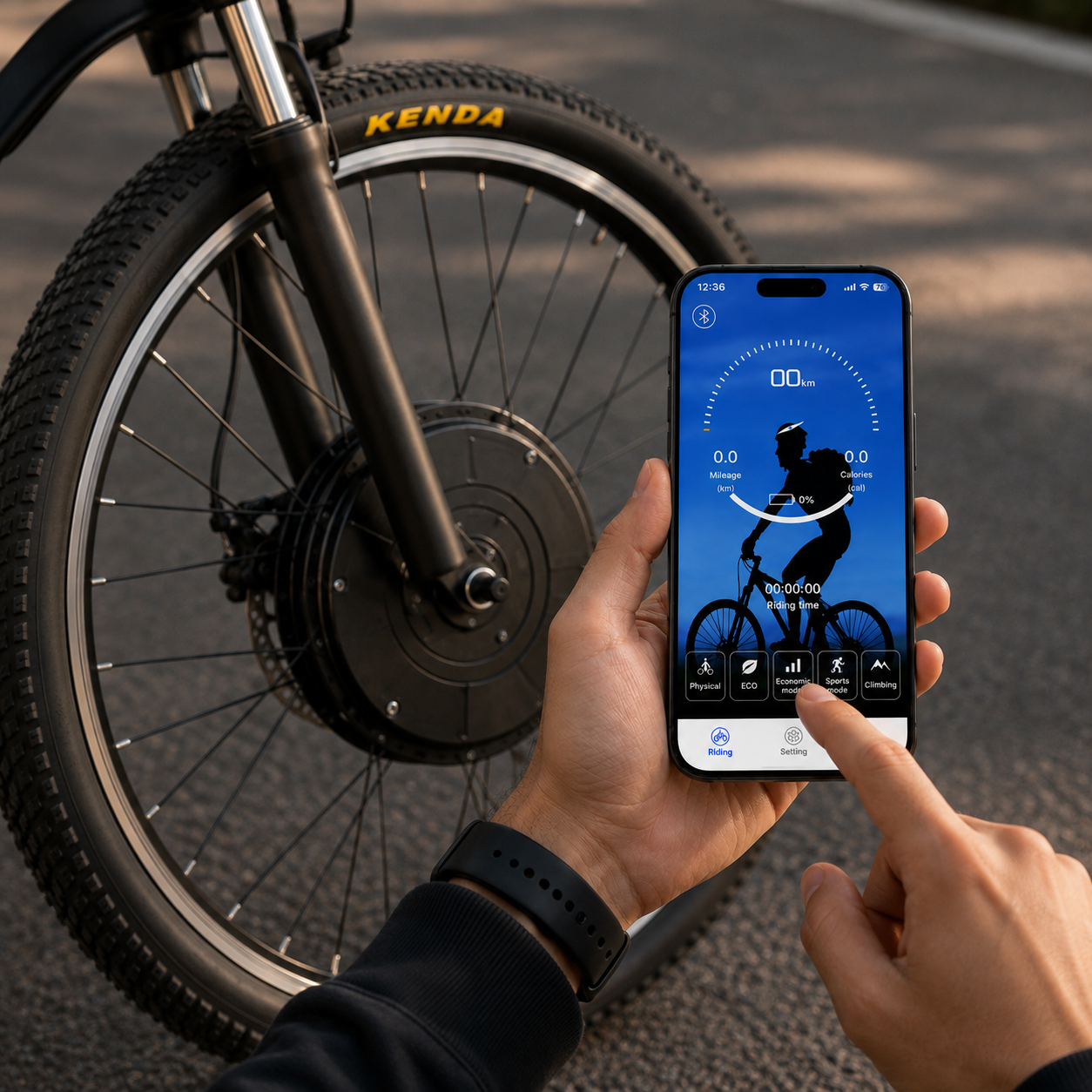 Hand holding phone showing Smart Ride app connected to wheel